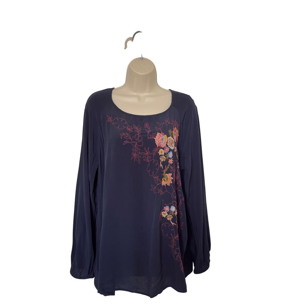 J. Jill Large Navy Multicolor Embroidered Floral Blouse Cottagecore Whimsigoth - Picture 2 of 7